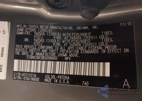 2011 Toyota Sienna Le V6 z USA, uszkodzony, nr VIN 5TDKK3DC9BS098860